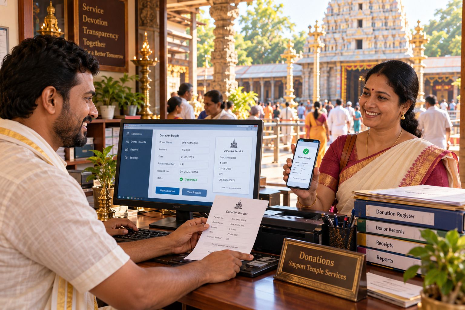 Illustration of a donor receiving a digital donation receipt