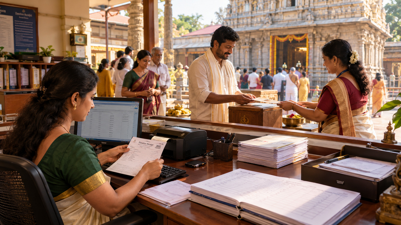 Illustration of temple staff preparing donation receipts at an office counter