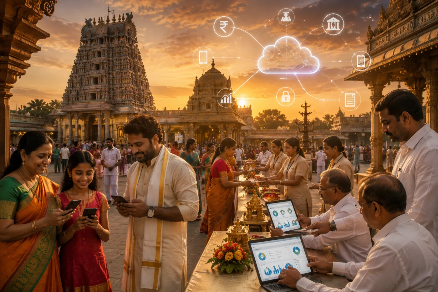 Temple teams and devotees connected by cloud-based administration.