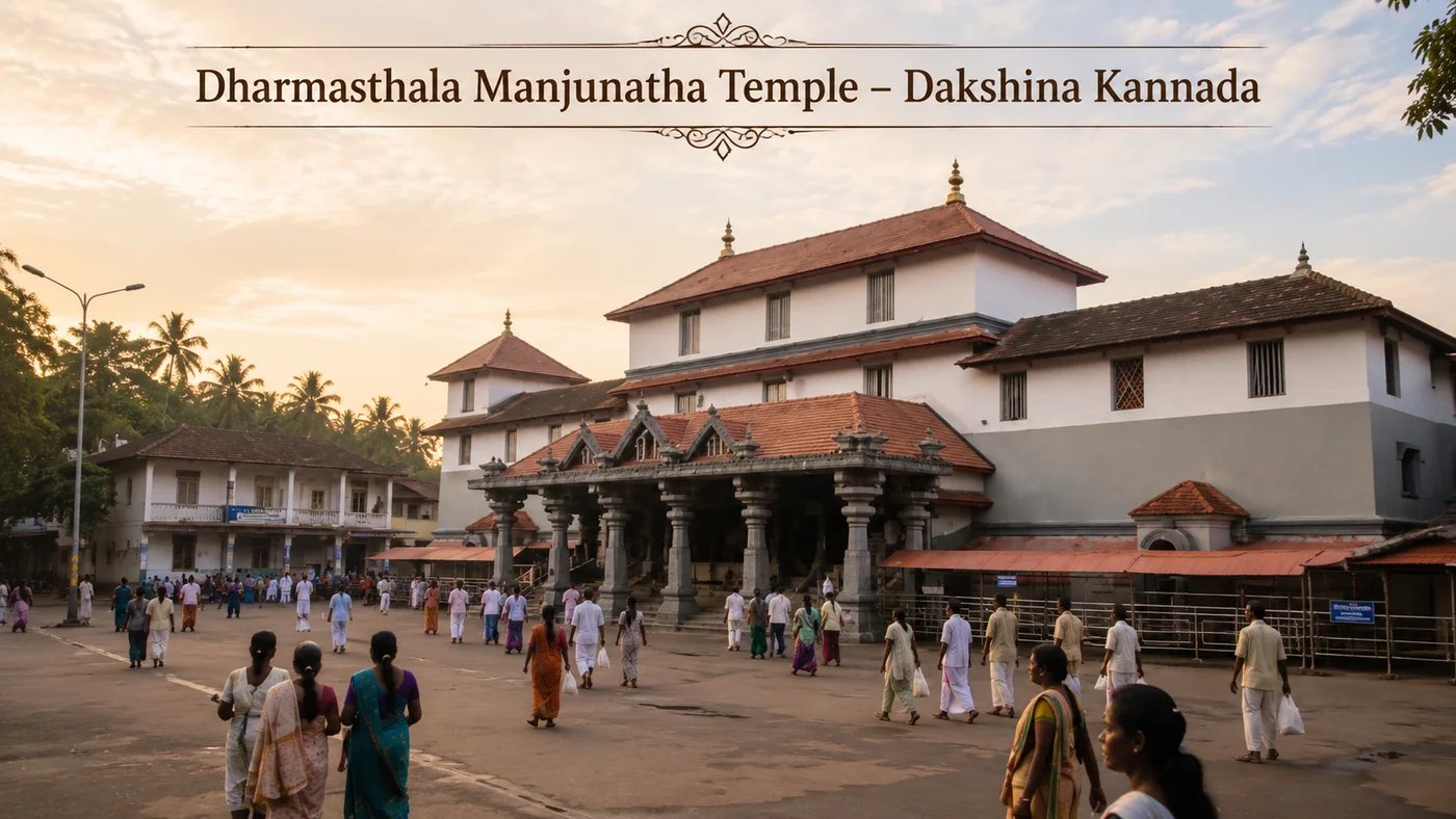 Dharmasthala Manjunatha Temple overview surrounded by greenery in Dakshina Kannada Karnataka
