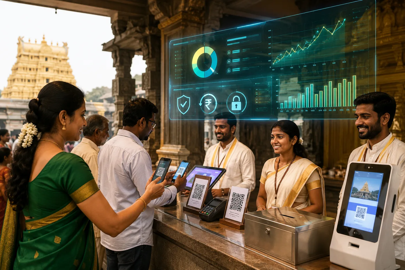 Digital donation and receipt workflows at a temple counter.