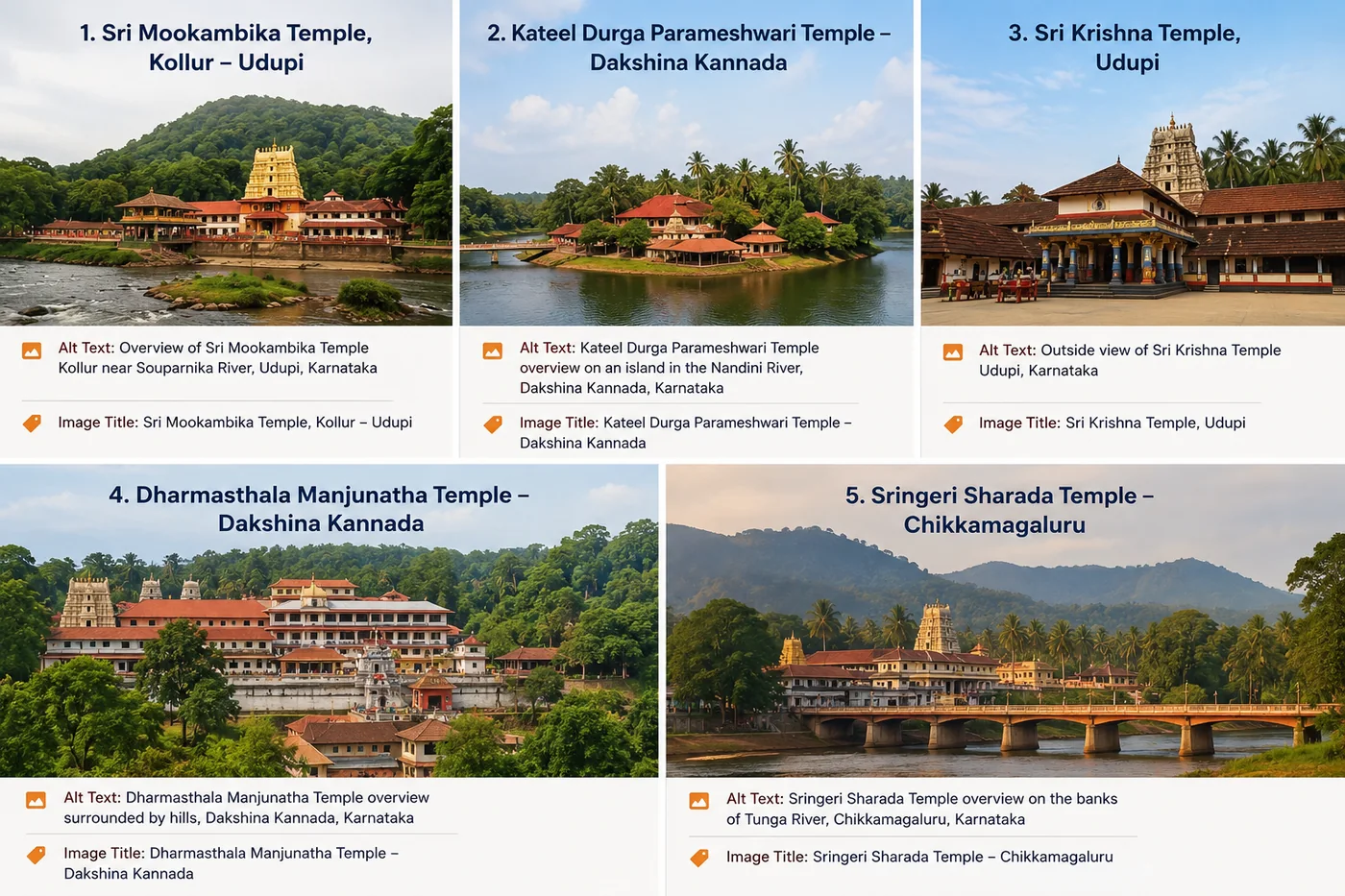 Five famous temples in Karnataka including Kollur, Kateel, Udupi, Dharmasthala and Sringeri