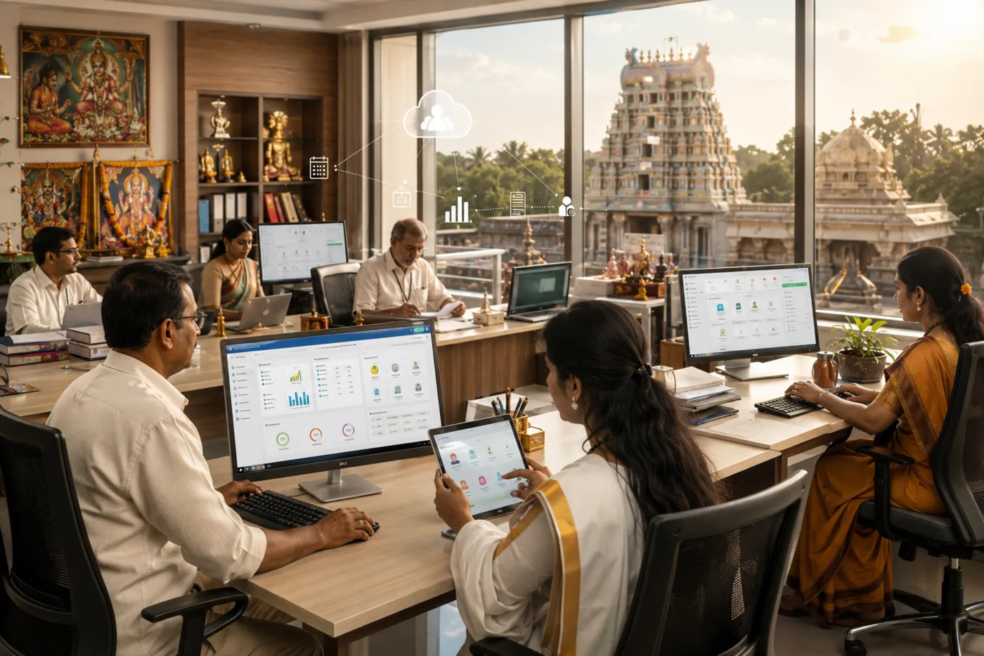 A modern temple office using connected operational dashboards.