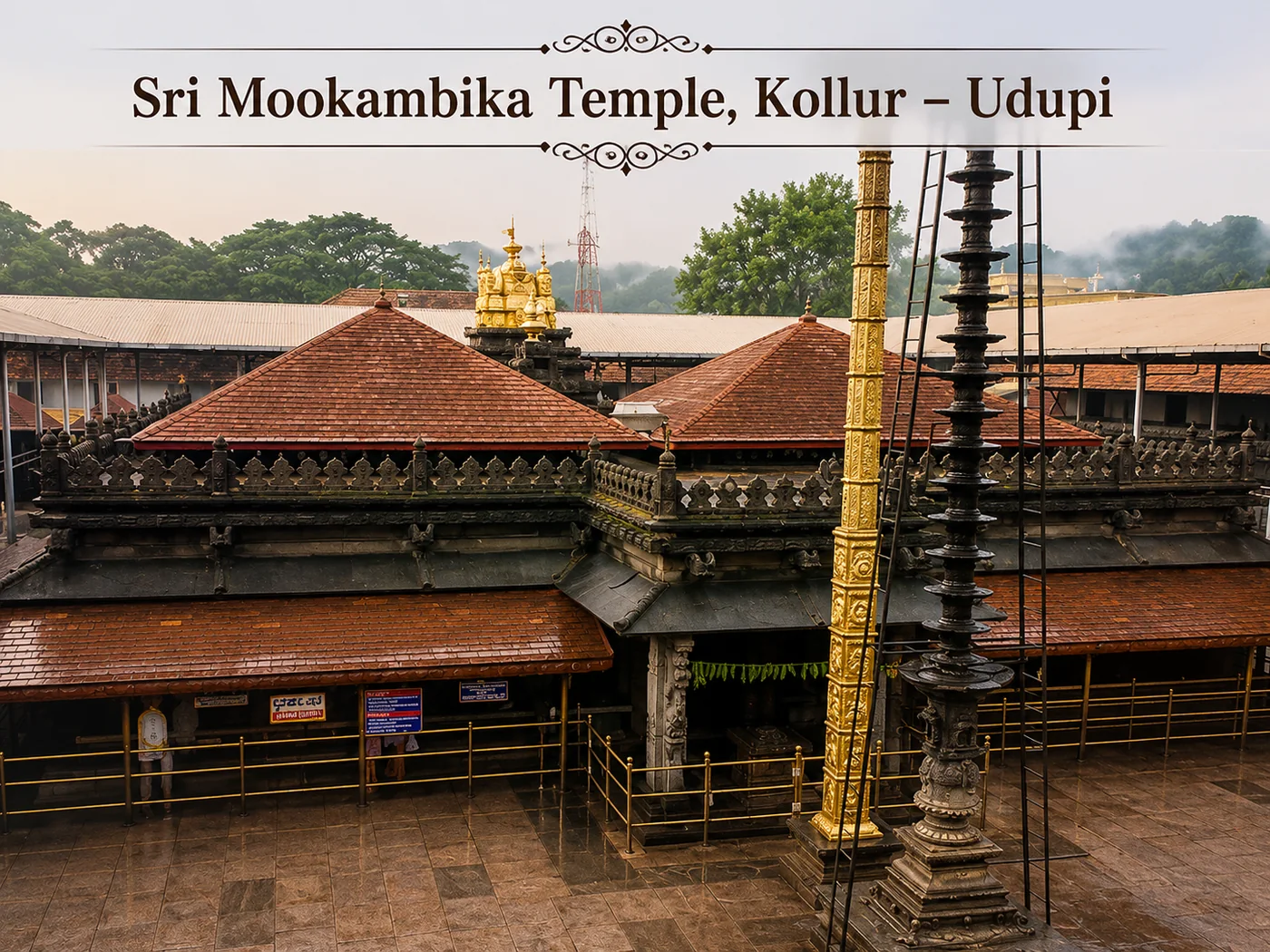 Sri Mookambika Temple Kollur Udupi overview surrounded by Western Ghats and Souparnika River
