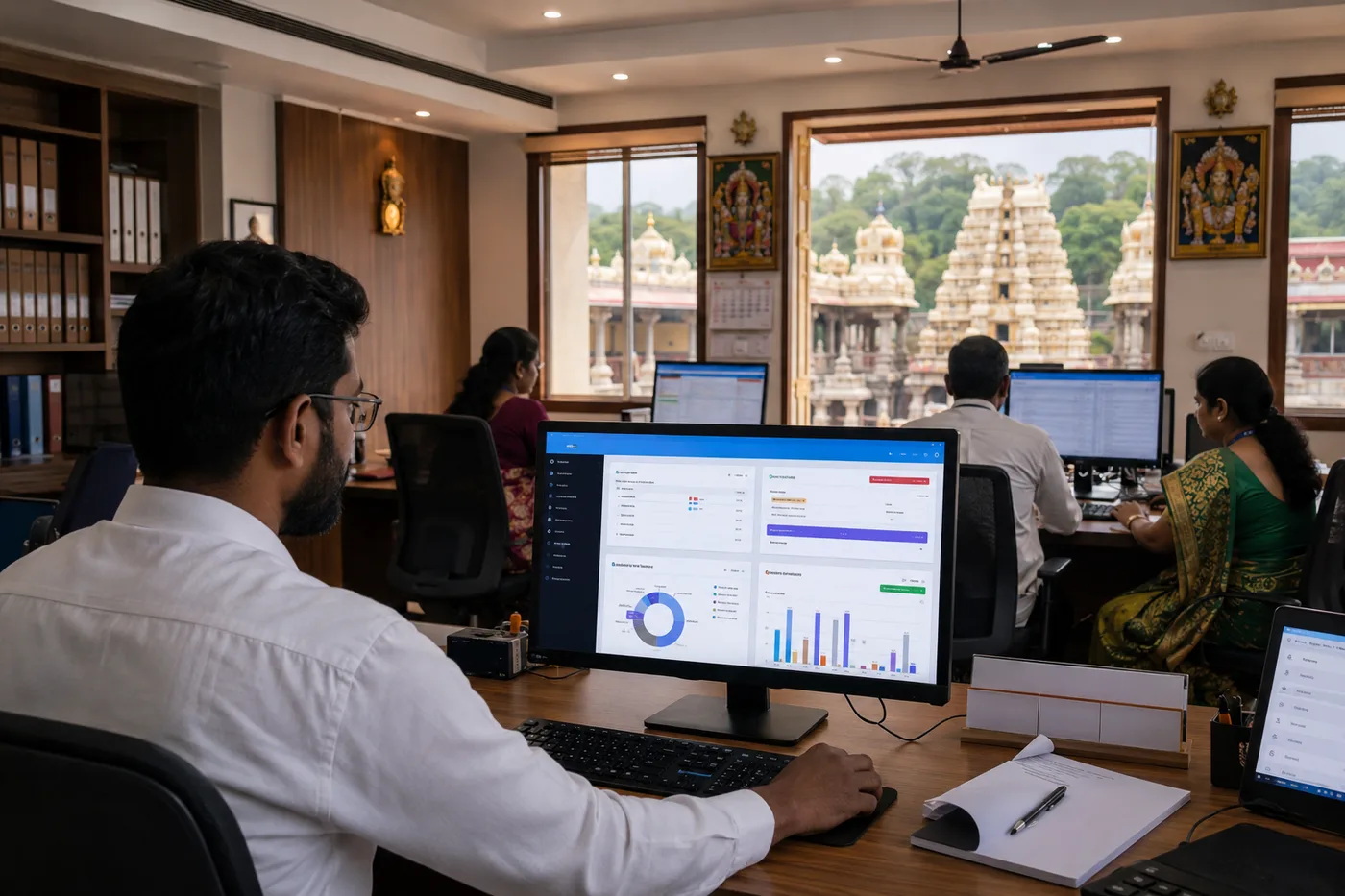 Temple accounting and administrative dashboards in a connected office.