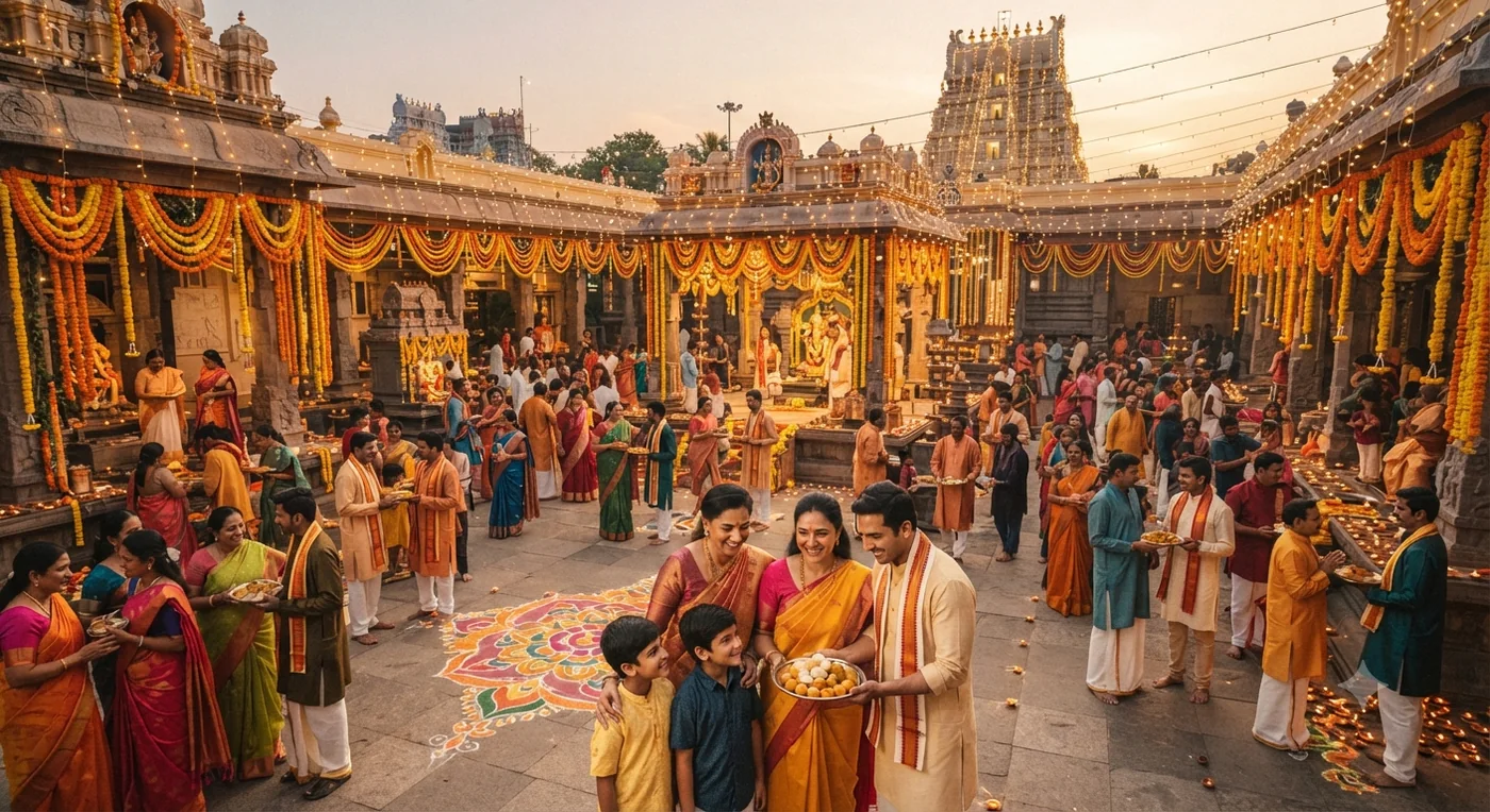 Devotees participating in celebrations after completing Temple Festival Registration and Temple Seva Booking.