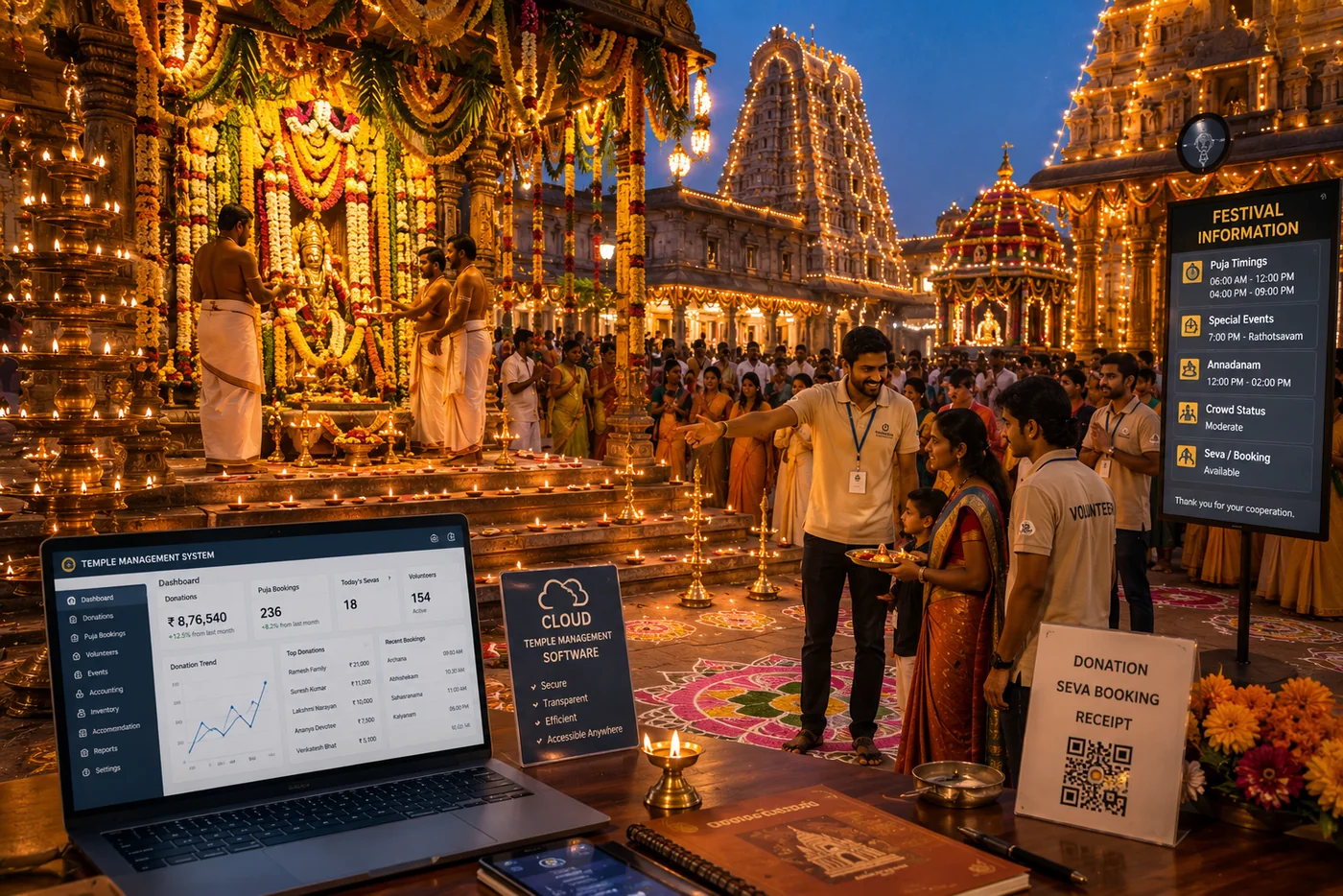 Temple Management System improving festival coordination while preserving sacred traditions.