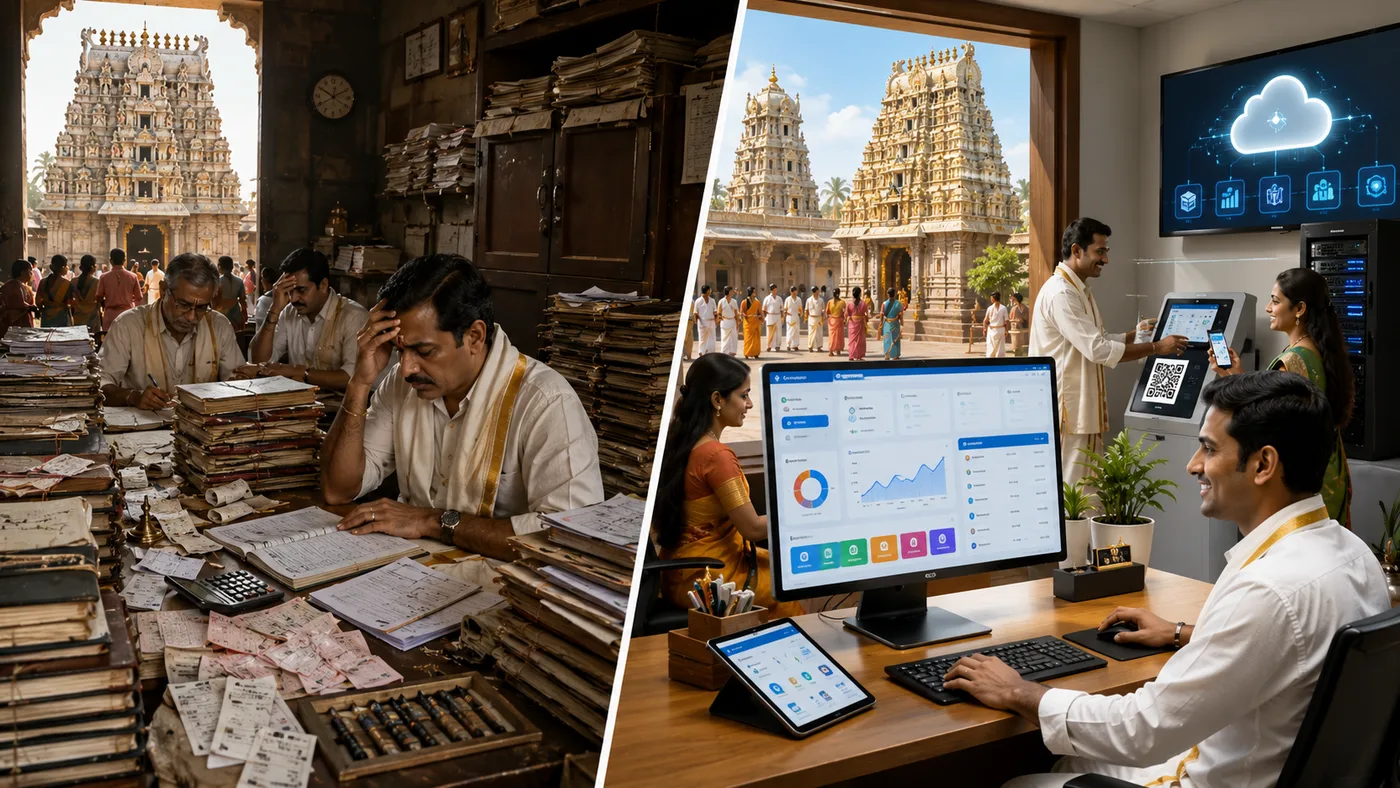 Manual temple administration alongside a connected digital workflow.