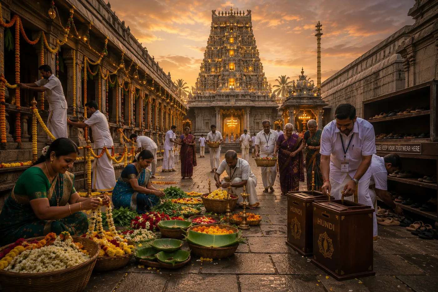 Temple volunteers preparing flowers and organizing festival services