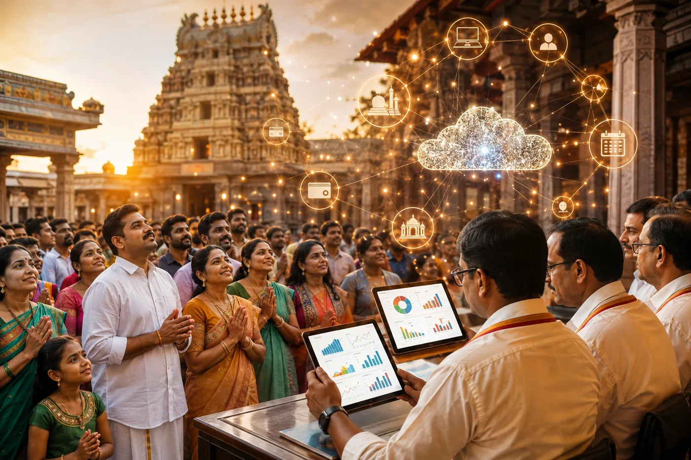 Devotees and administrators connected through secure temple systems.