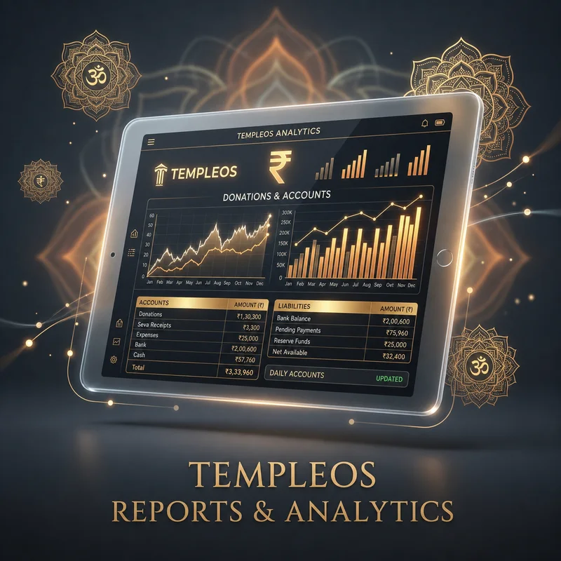 TempleOS reports and analytics showing donations and accounts in Indian rupees